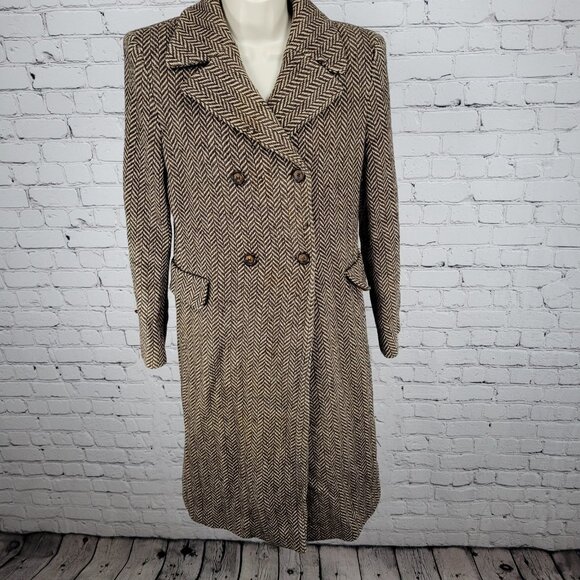 VTG Michael Kors Brown Wool Blend Herringbone Lined Pea Coat Italy Made Size 6 - Picture 1 of 16